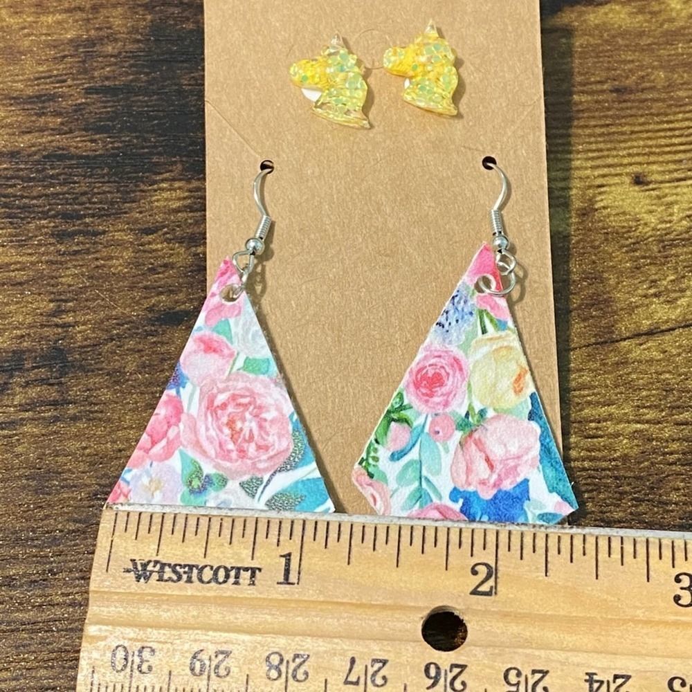 Unicorn Studs Floral Diamond Shaped Dangle Statement Earrings Set Novelty Yellow - Picture 5 of 7